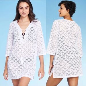 Kona Sol | White Eyelet Crochet Swim Cover Up | Size Large